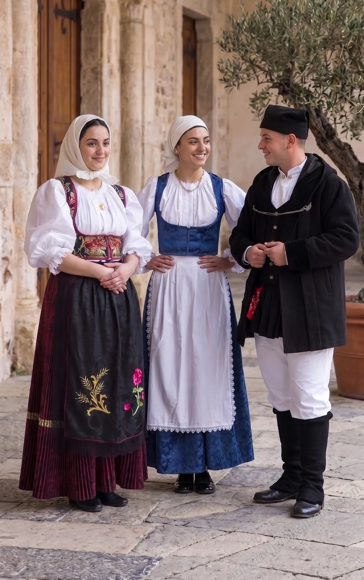 Details of the costume and dress of Barrali - two variants of the traditional women's dress (embroidered cossu bodice and blue velvet corpetto) and men's dress of the Trexenta