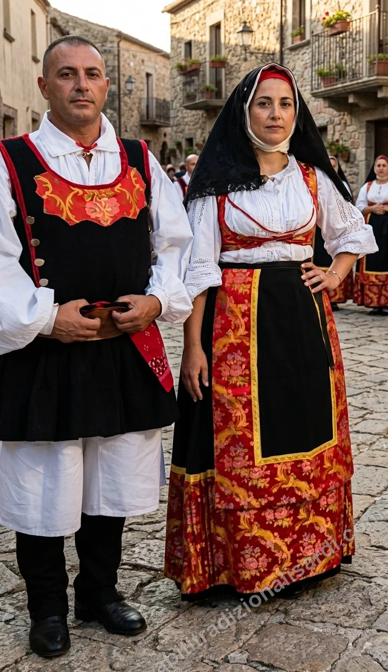 Details of the costume and dress of Bauladu - couple in traditional festive dress: woman with red iscaffiottu and broccatello-frill unnedda, man with black cossu with red insert and ragas