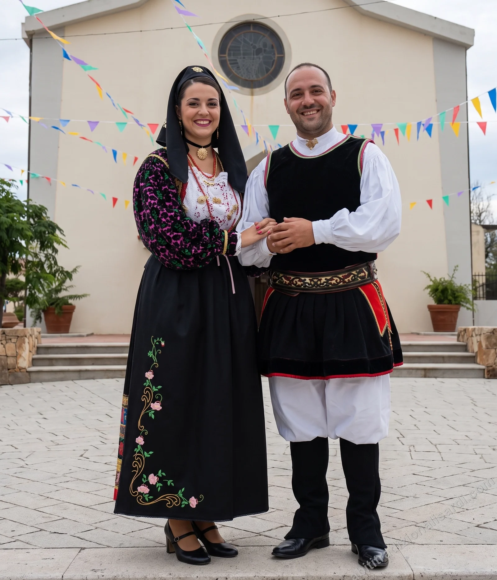Traditionelle Tracht und Kostüm von Budoni - Paar in gallurese Festtracht vor der Dorfkirche
