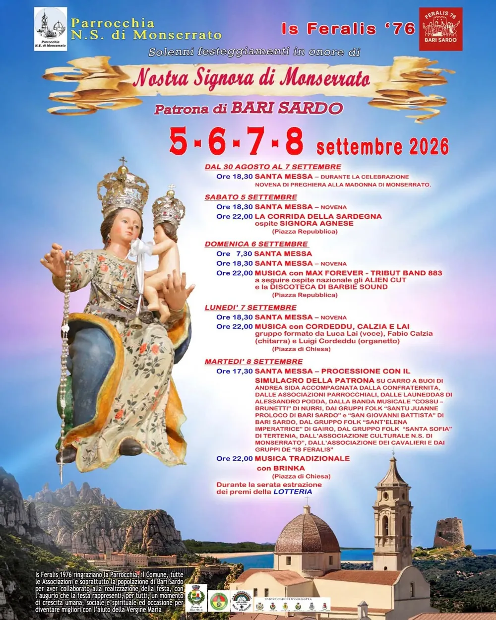 Official programme poster for Nostra Signora di Monserrato 2026 in Bari Sardo &mdash; religious and civic calendar with traditional Sardinian costumes