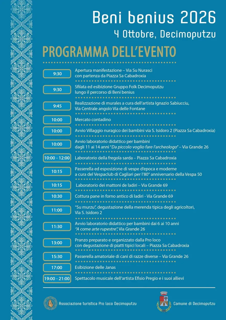 Locandina programma Beni Benius 2026 a Decimoputzu — abiti e costumi tradizionali sardi