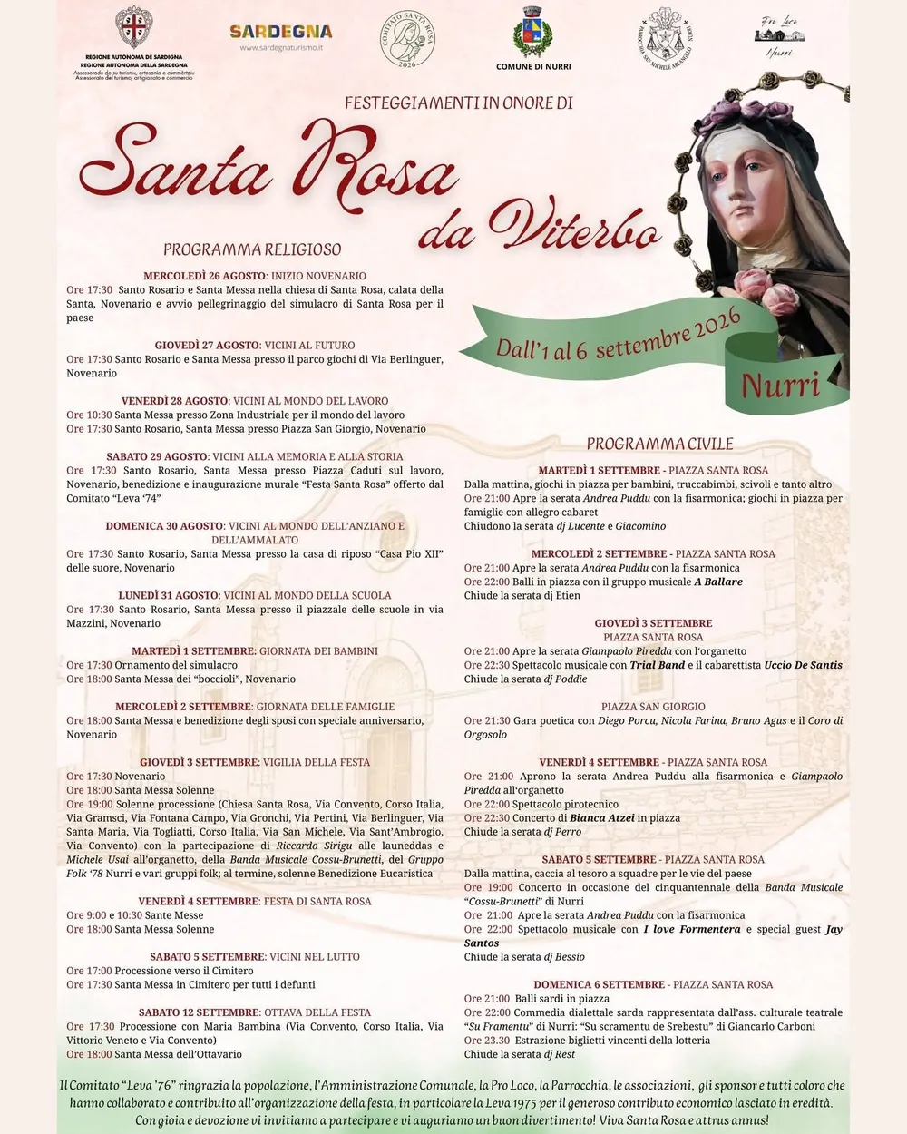 Official poster Santa Rosa da Viterbo Nurri 2026 &mdash; Festivities from 1 to 6 September with concerts, Sardinian dances and traditional costumes of the Sarcidano