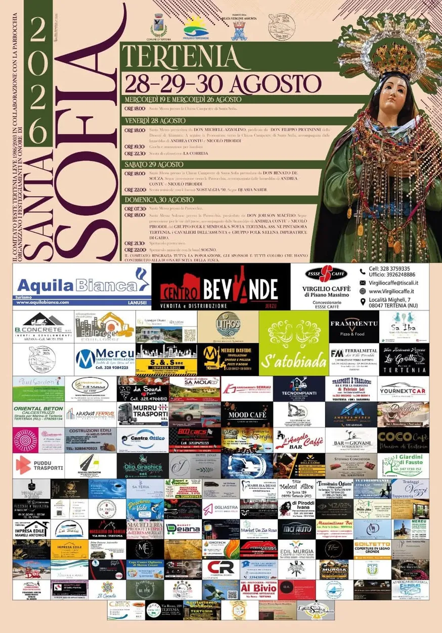 Official poster with the programme of Santa Sofia 2026 in Tertenia, 28–30 August — procession with folk groups in Sardinian traditional dress and costumes