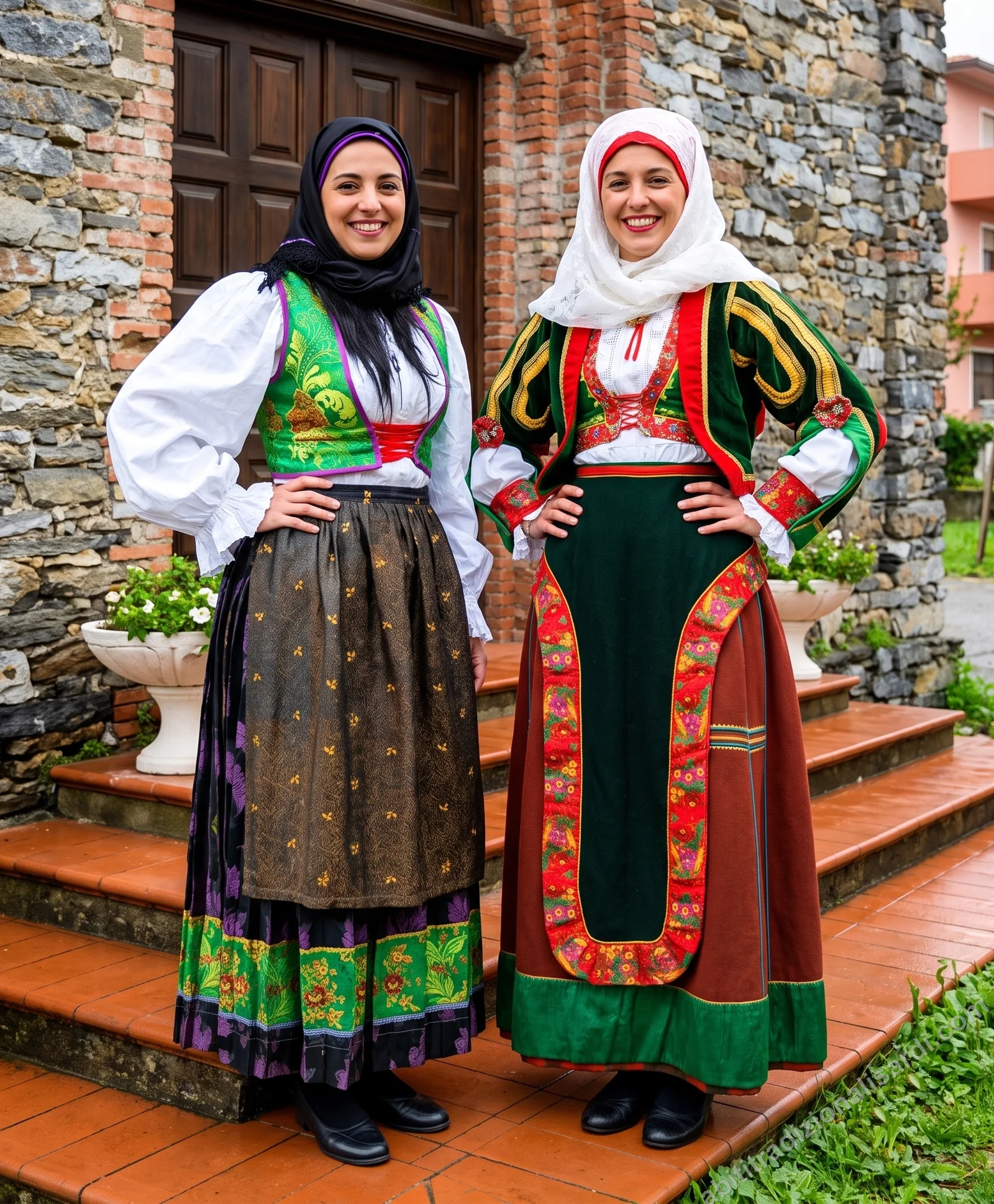 Details of the traditional dress and costume of Gadoni - two women in festive women&rsquo;s dress