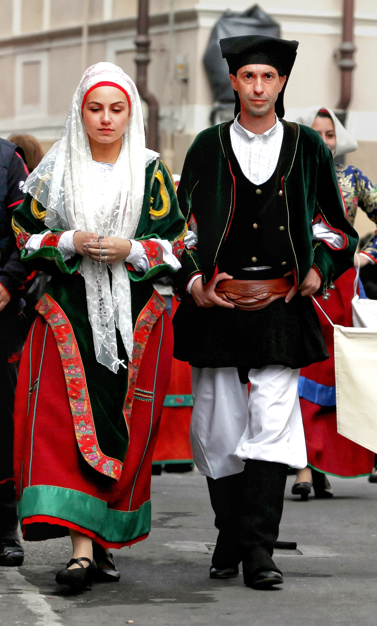 Traditional dress and costume of Gadoni - couple in festive dress at the Sant&rsquo;Efisio procession