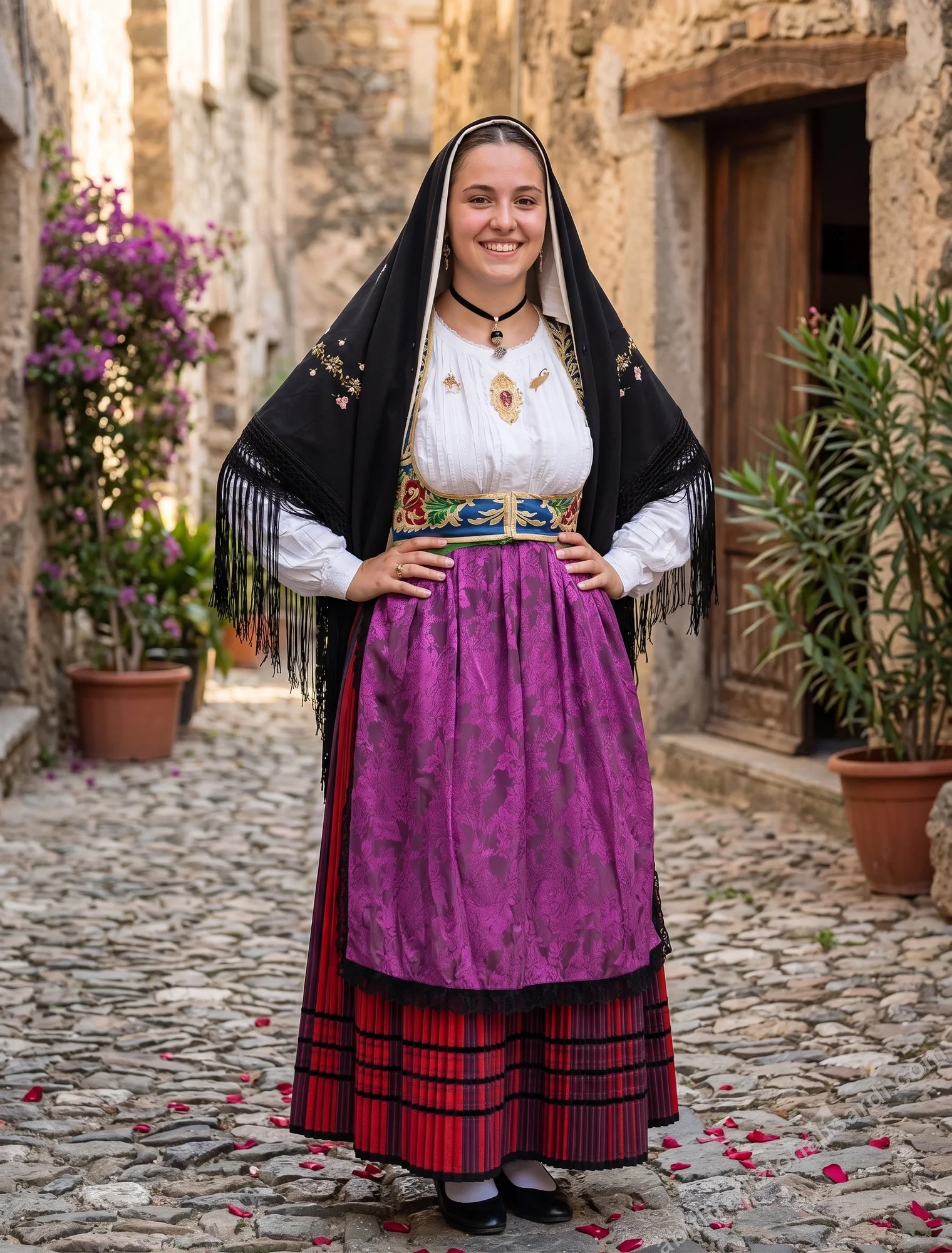 Traditional dress and costume of Nuraminis - women's festive dress with fringed shawl, embroidered bodice and violet brocade skirt