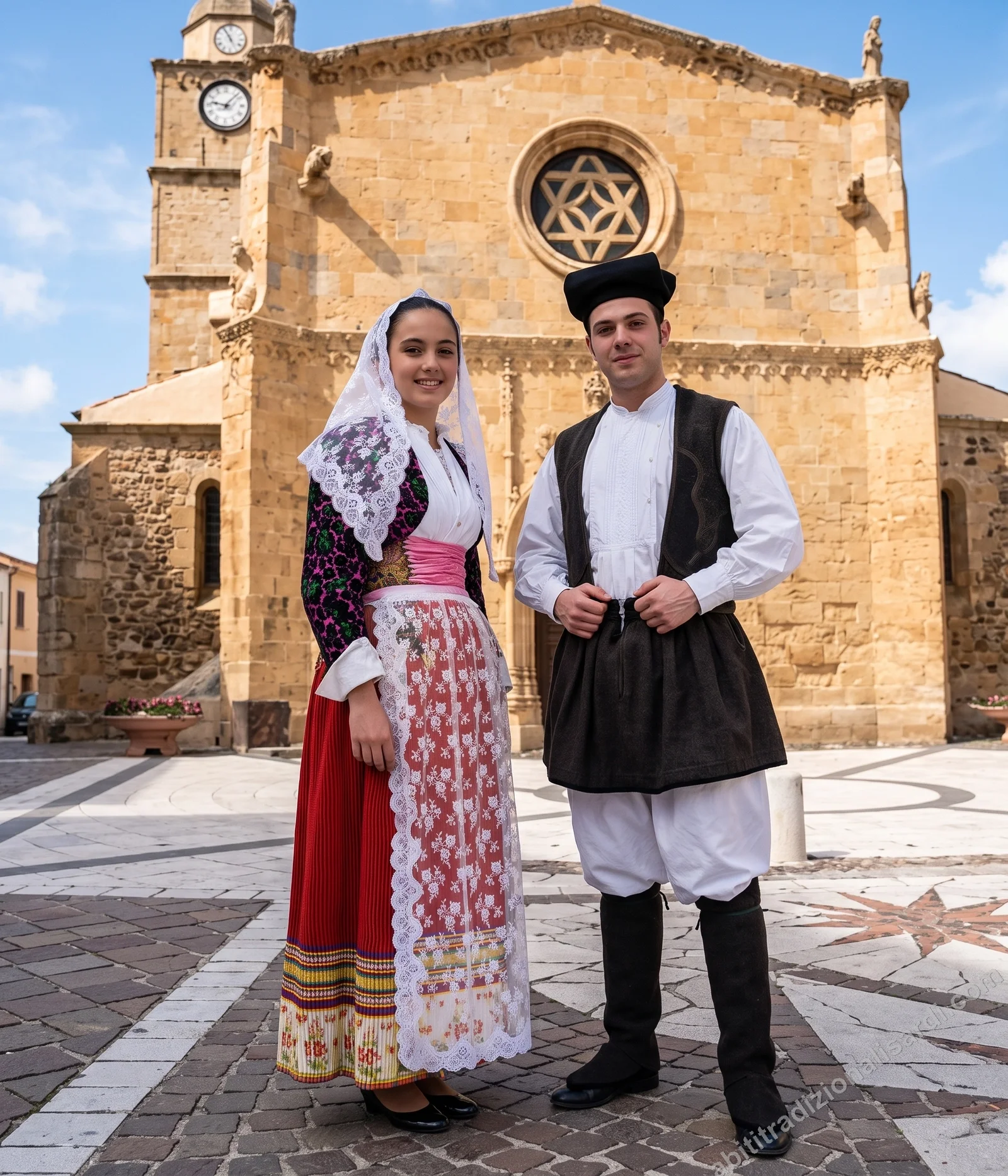 Abito tradizionale e costume di Padria - coppia in abito festivo femminile e maschile davanti alla chiesa di Santa Giulia
