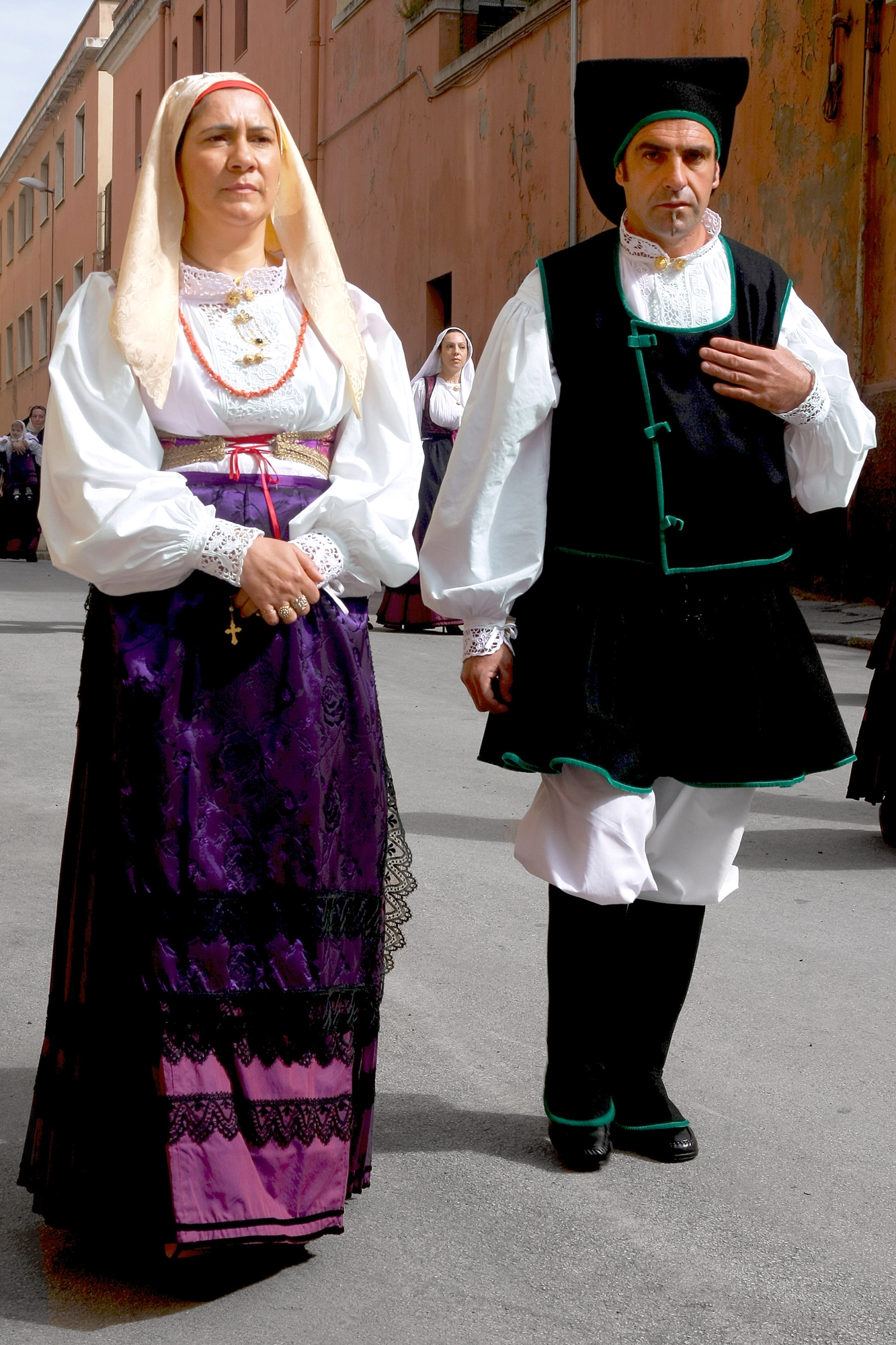 Traditional dress and costume of Terralba - couple in Campidano di Oristano dress, Sant'Efisio procession 2011